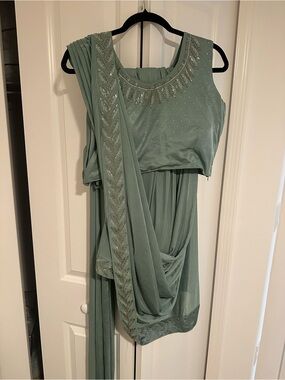 Embellished Sage Green Women's saree with additional sleeve